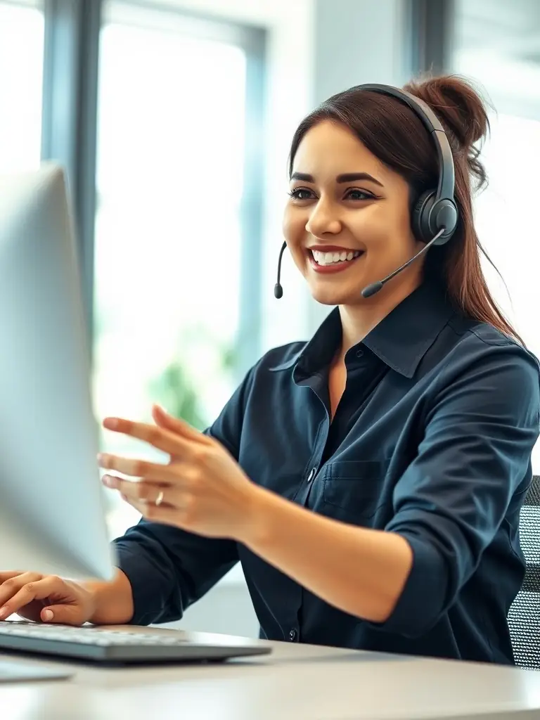 An image showing a customer service representative assisting a customer with billing inquiries over the phone or via computer, in a modern office setting.
