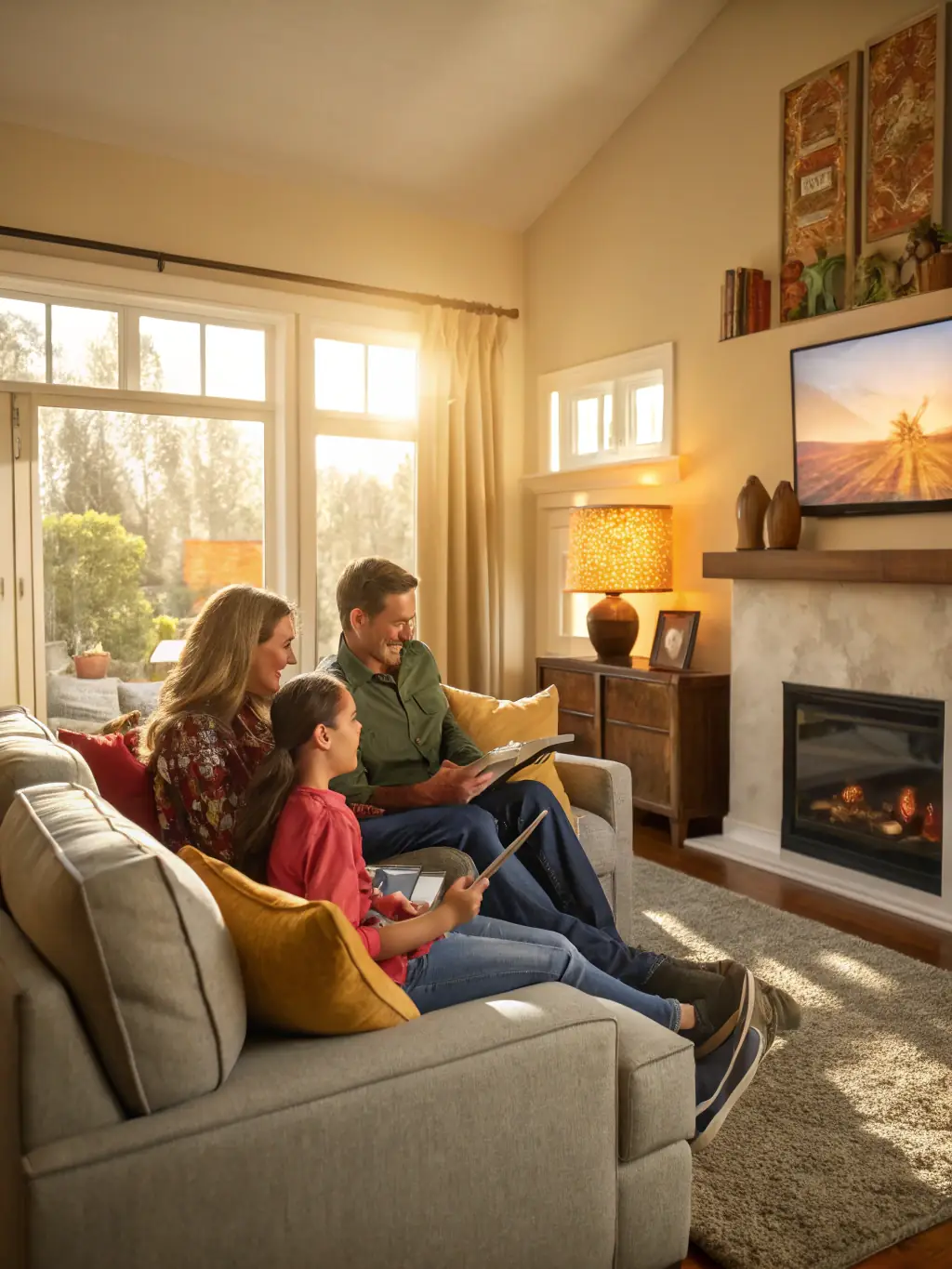 An image of a family reviewing energy-saving tips on a tablet or attending an educational workshop, in a cozy living room.